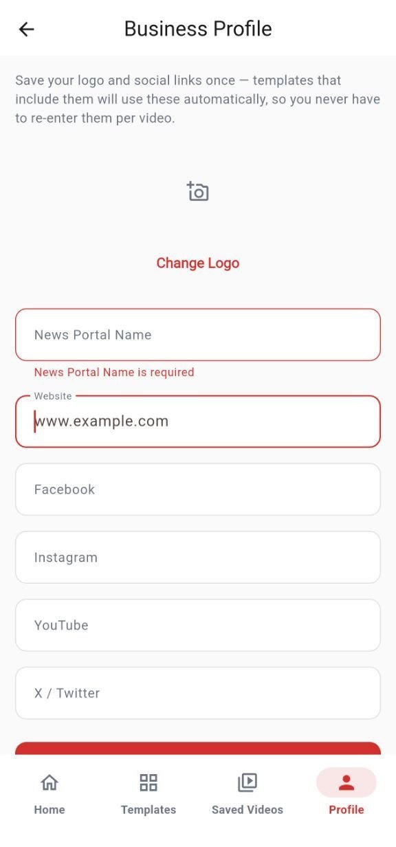 Business Profile screen for saving logo and social links once